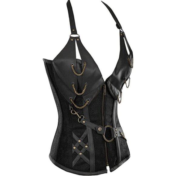 STEAMPUNK Corset Top Steel Boned Underbust Renaissance Black Leather Cosplay NWT - Picture 5 of 12